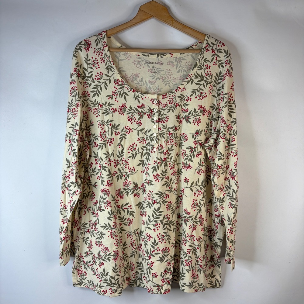Woman Within Henley Tunic Women 1X 22/24 Cream Floral Berry Print Long Sleeve